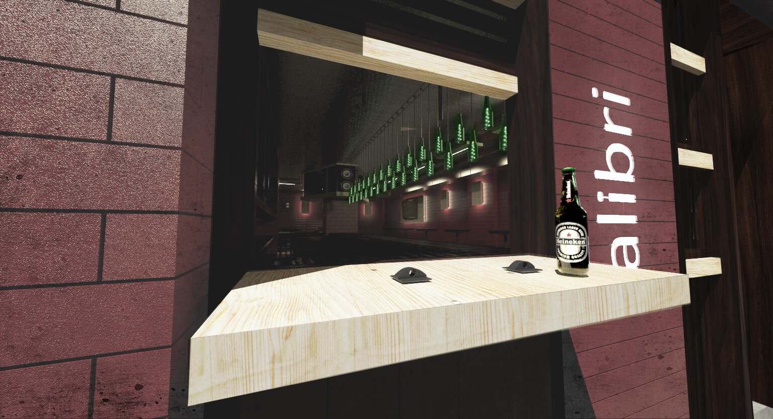 Storefront Bar Rendering showing the architectural design with the Swingable Bar Open